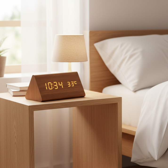 Houten Wekker Digitaal - LED Weergave en Stembediening