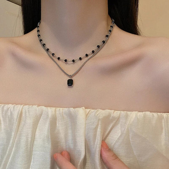 Zilveren Dubbele Ketting met Zwarte Parels