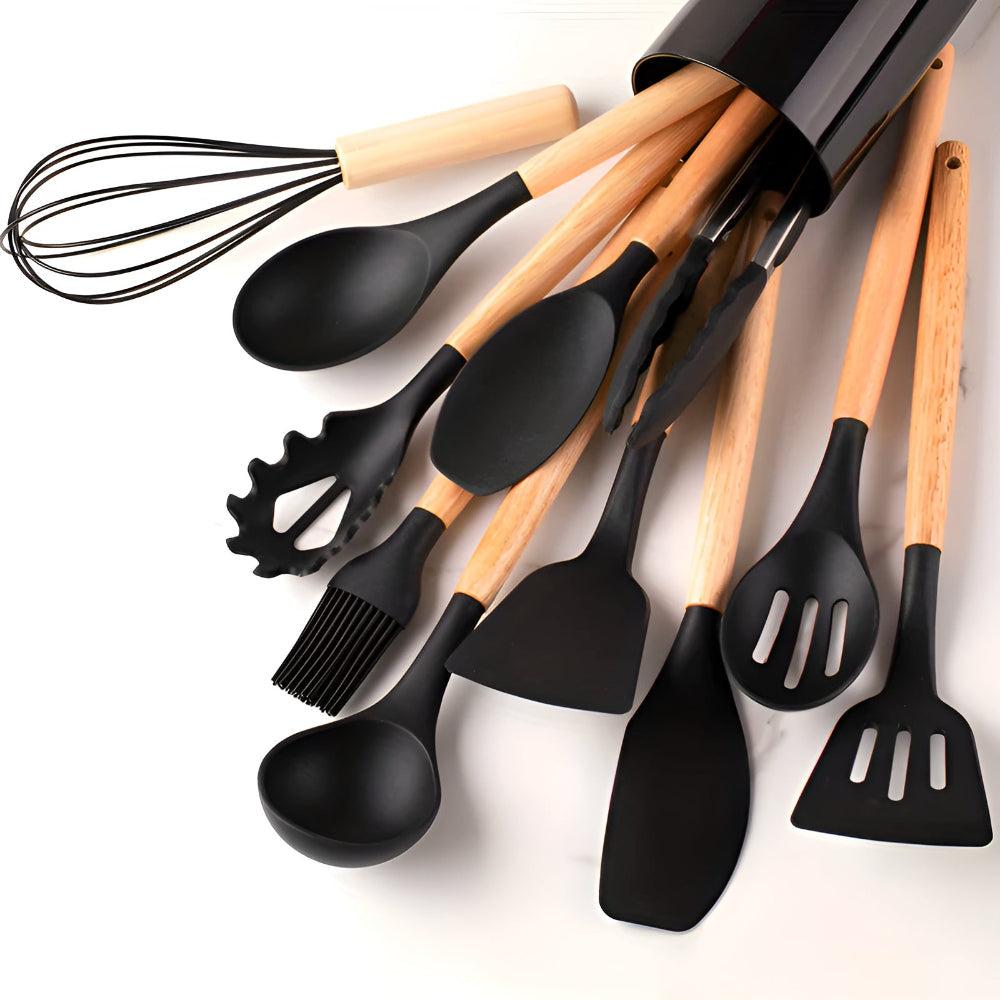 Silicone Kitchen Utensil Set – 12-Piece with Bamboo Handles, Heat-Resistant