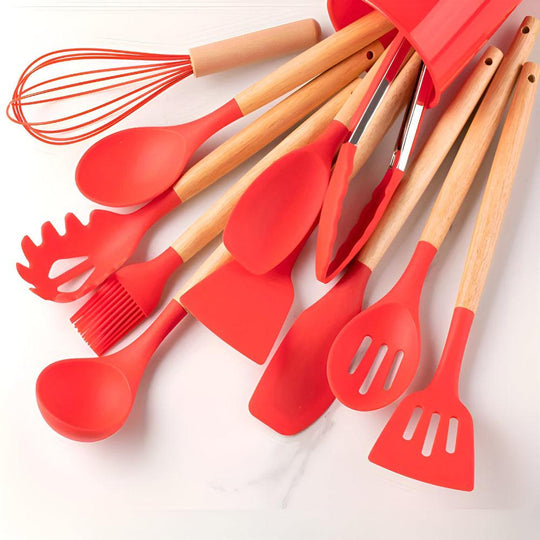 Silicone Kitchen Utensil Set – 12-Piece with Bamboo Handles, Heat-Resistant