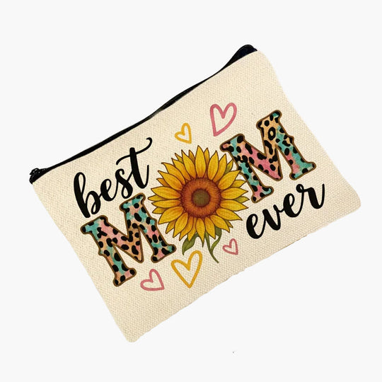 Toilettas voor dames met zonnebloem en de tekst 'Best Mom Ever' – Trendy cadeau voor mama