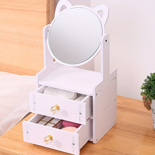 Specchio per il trucco con orecchie da gatto, carino, con cassetti portaoggetti | Organizzatore da tavolo per toeletta