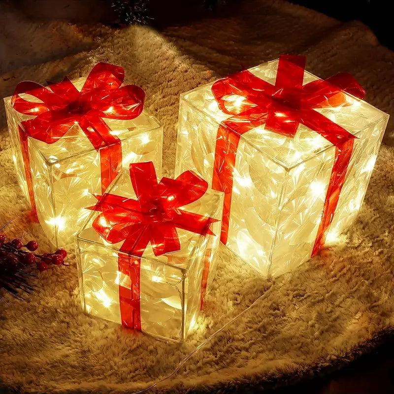 Set van 3 Verlichte Kerst Cadeau Dozijn | Vooraf Verlichte Binnen &amp; Buiten Feestdagen Decoratie