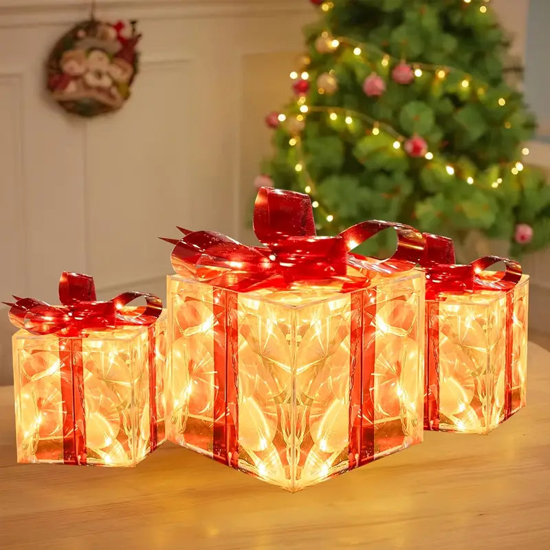 Set van 3 Verlichte Kerst Cadeau Dozijn | Vooraf Verlichte Binnen &amp; Buiten Feestdagen Decoratie