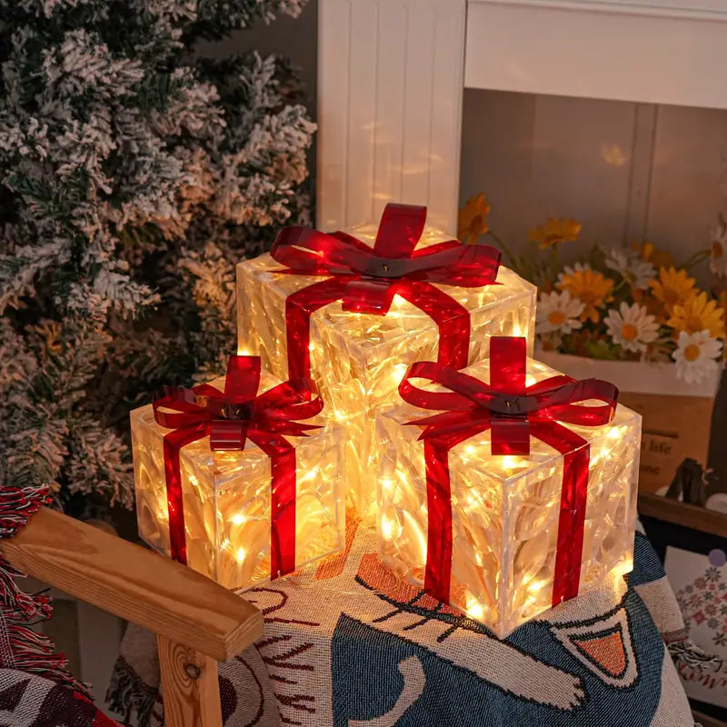 Set van 3 Verlichte Kerst Cadeau Dozijn | Vooraf Verlichte Binnen &amp; Buiten Feestdagen Decoratie