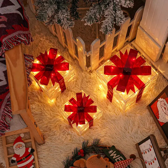 Set van 3 Verlichte Kerst Cadeau Dozijn | Vooraf Verlichte Binnen &amp; Buiten Feestdagen Decoratie