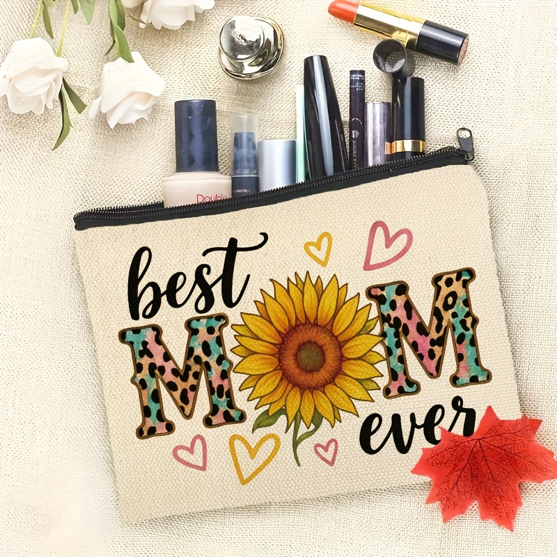 Toilettas voor dames met zonnebloem en de tekst 'Best Mom Ever' – Trendy cadeau voor mama
