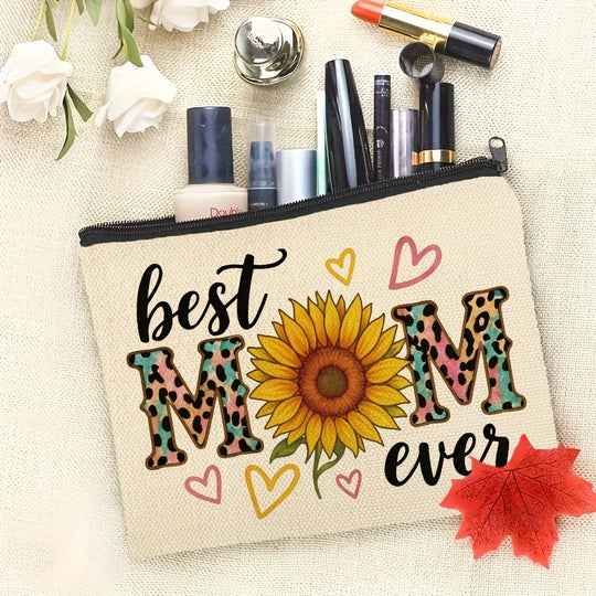 Toilettas voor dames met zonnebloem en de tekst 'Best Mom Ever' – Trendy cadeau voor mama