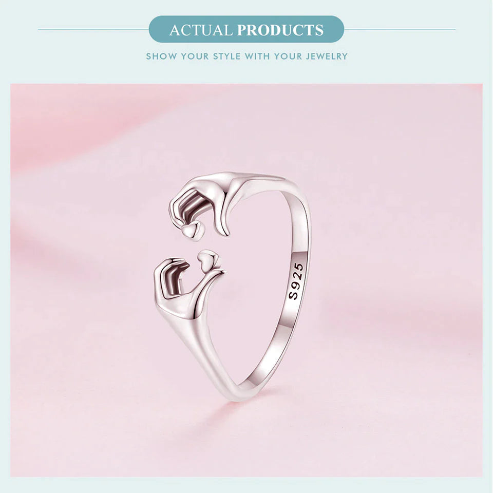 Anello di coppia con abbraccio d'amore in argento sterling 925