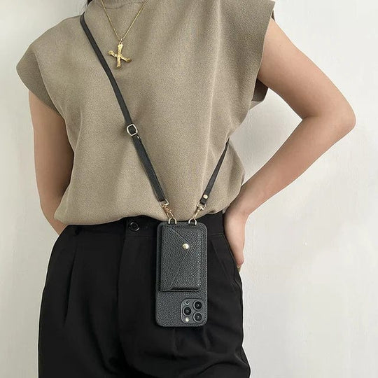 Leren Crossbody Telefoonhoesje met Sleutelkoord en Kaarthouder