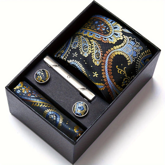 Heren Stropdas Set – Paisley met Zakdoek, Clip & Manchetknopen