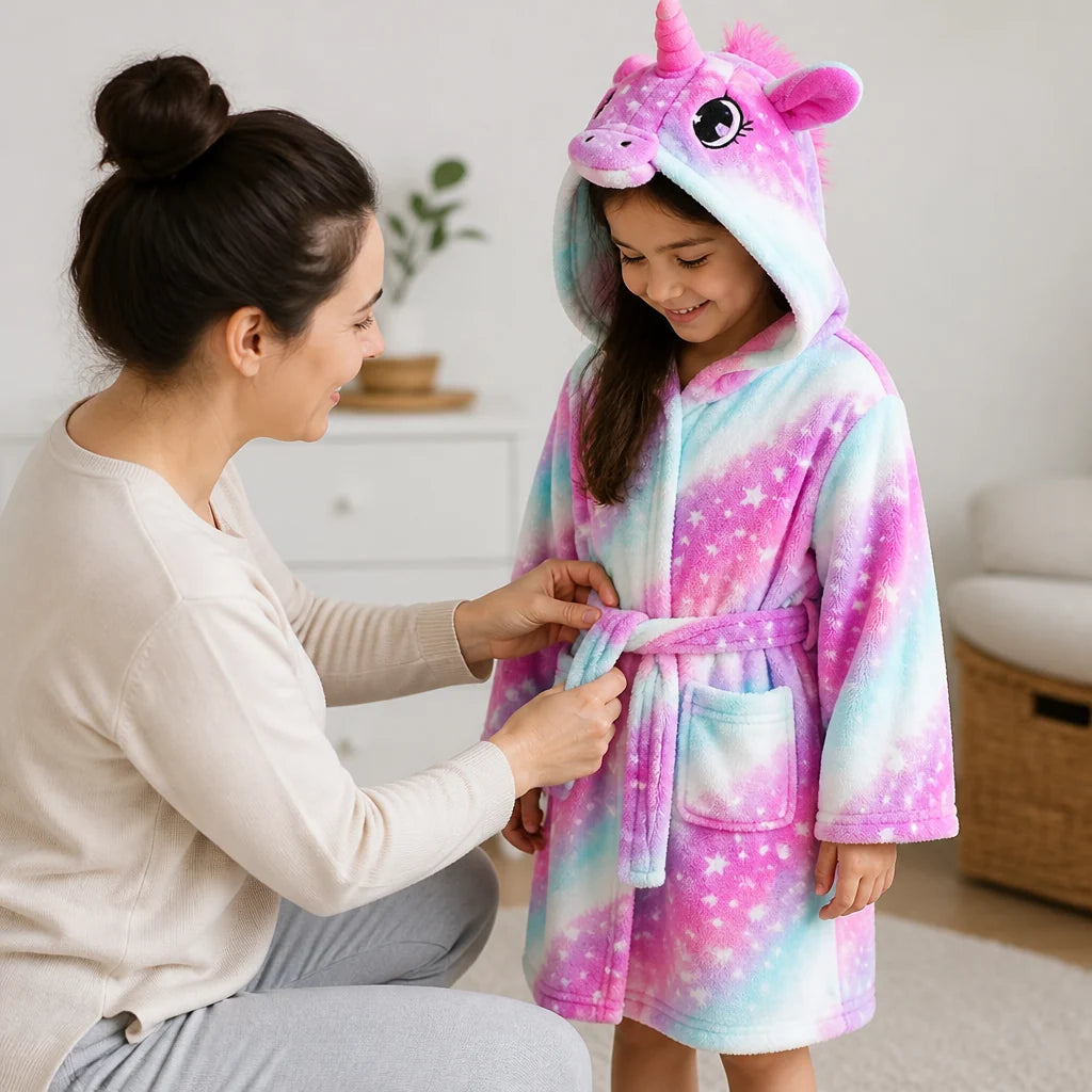 Kinderbadjas Flanel – met Capuchon en Eenhoornprint