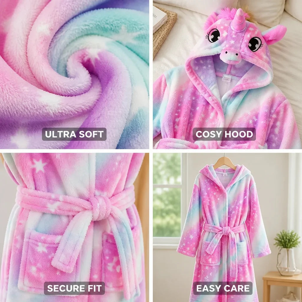 Kinderbadjas Flanel – met Capuchon en Eenhoornprint