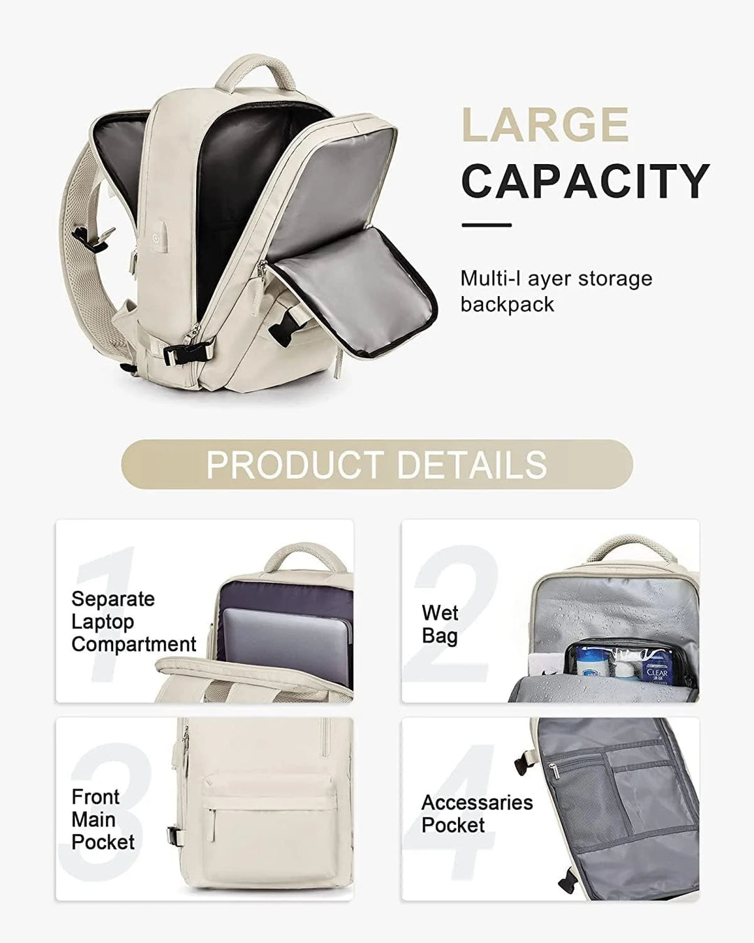 Reisrugzak 40L Waterdicht – Schoenvak, USB-poort & Laptopvak