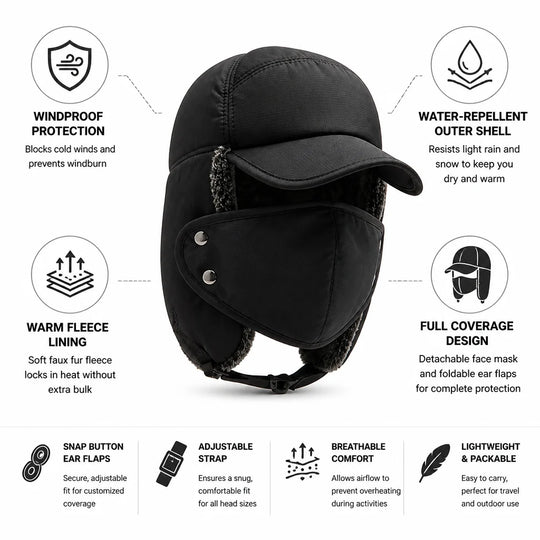Trappermuts Fleecegevoerd – met Afneembaar Gezichtsmasker